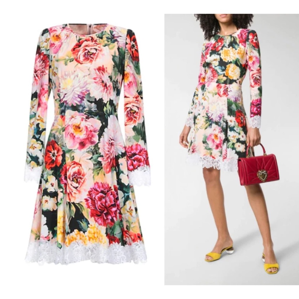 Dolce & Gabbana Floral Print Dress with Lace Trim